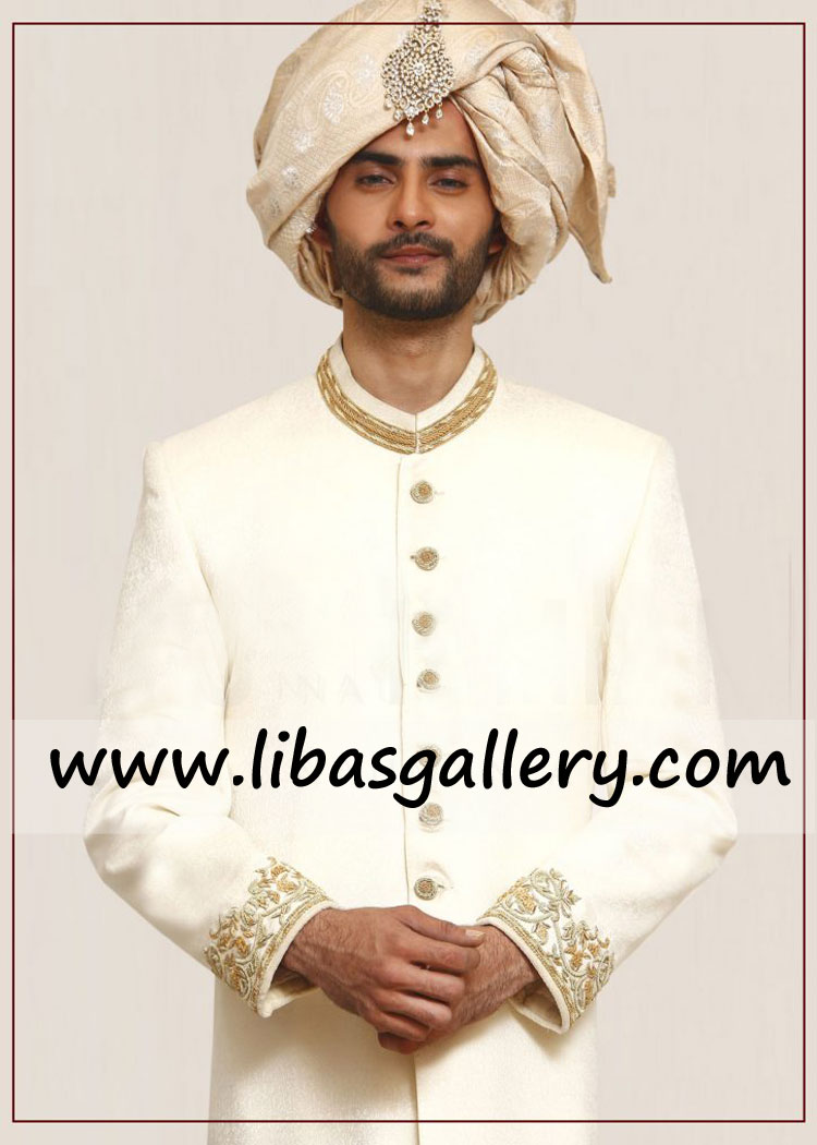 Happy Groom Photo Shoot in off white Jamawar Sherwani