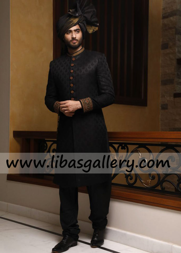 Black Jamawar Groom Sherwani Antique Work