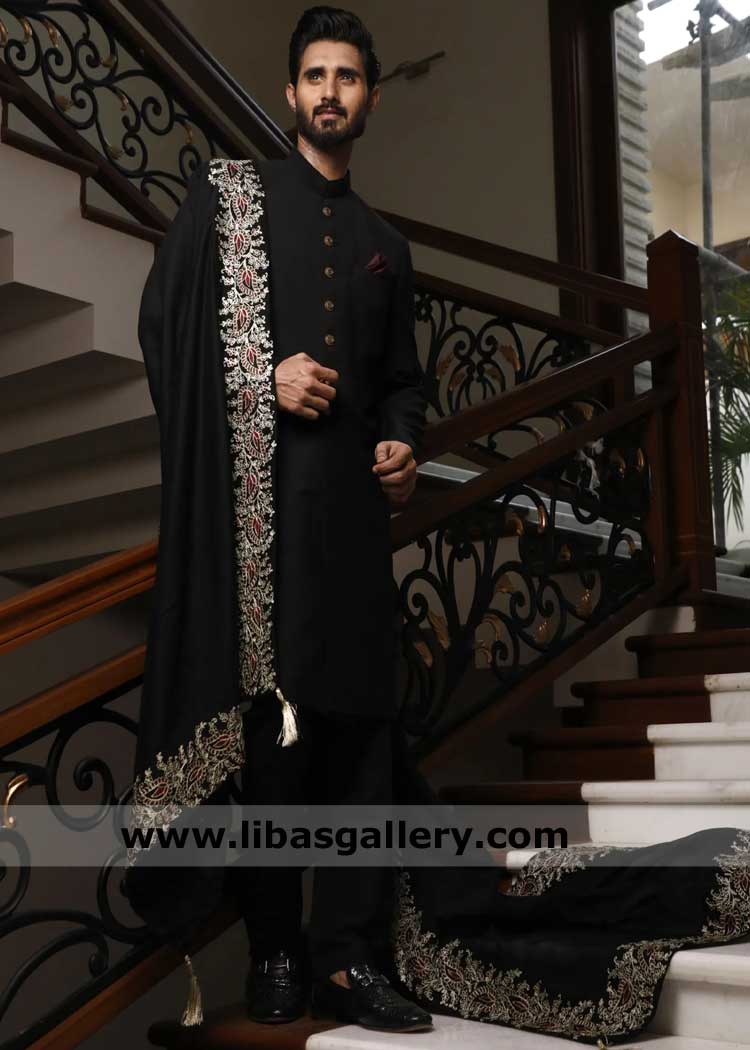 Plain black Groom sherwani for nikah baraat
