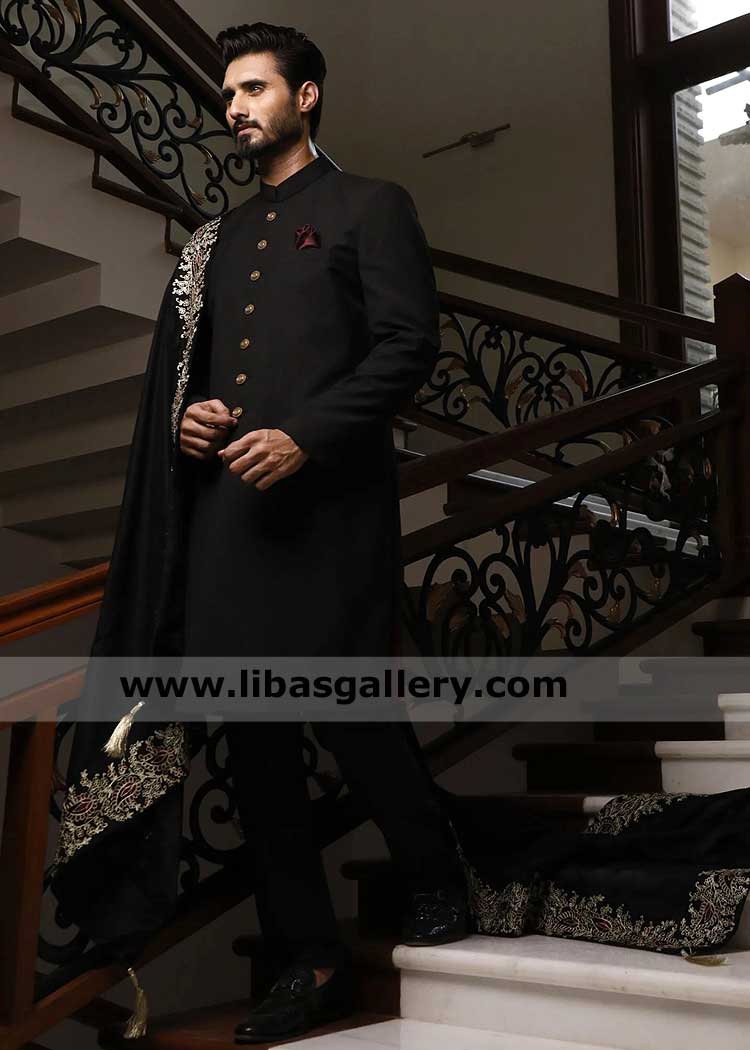 Plain black Groom sherwani for nikah baraat