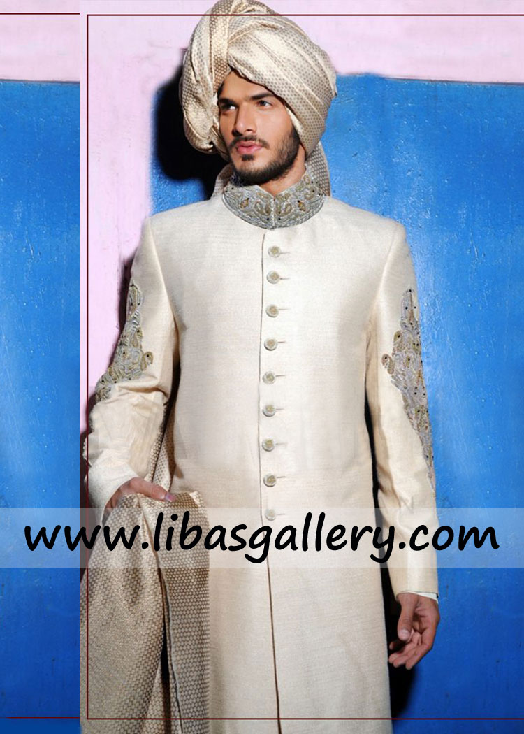 Hand Embellished Collar and sleeves groom sherwani design insist for designer sherwani from parents uk usa canada Hand Embellished Collar and sleeves groom sherwani design insist for designer sherwani from parents uk usa canada