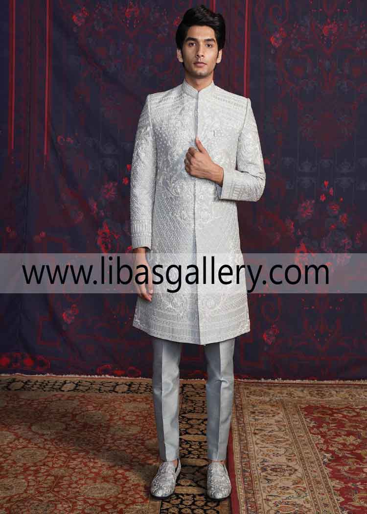 SILVER CHROME APPLIQUE Groom SHERWANI dress