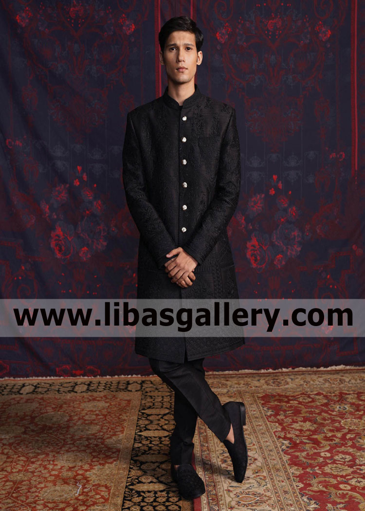 Black Embroidered Sherwani for slim body shape groom