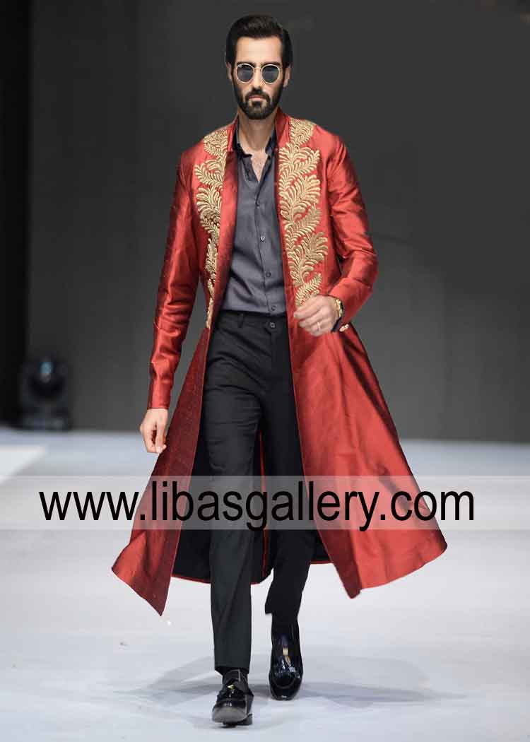 Front open Red gold groom wedding jacket