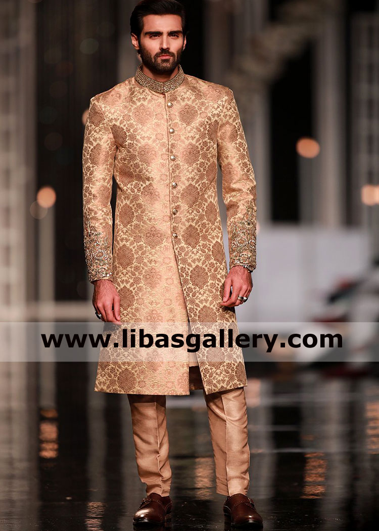 Gold Raw silk wedding sherwani Hatim for Summer Season
