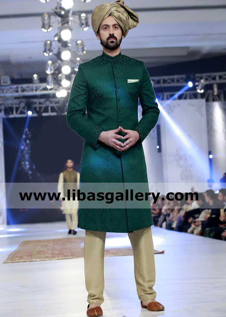 Green Jamawar Groom Wedding Sherwani Article