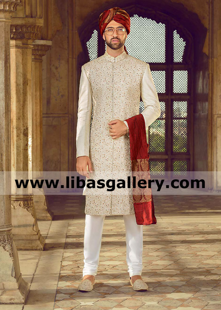 Latest flower leaf patel jaal Embroidered sherwani and Red Safa Turban in jamawar for soft heart blessed groom uk usa canada