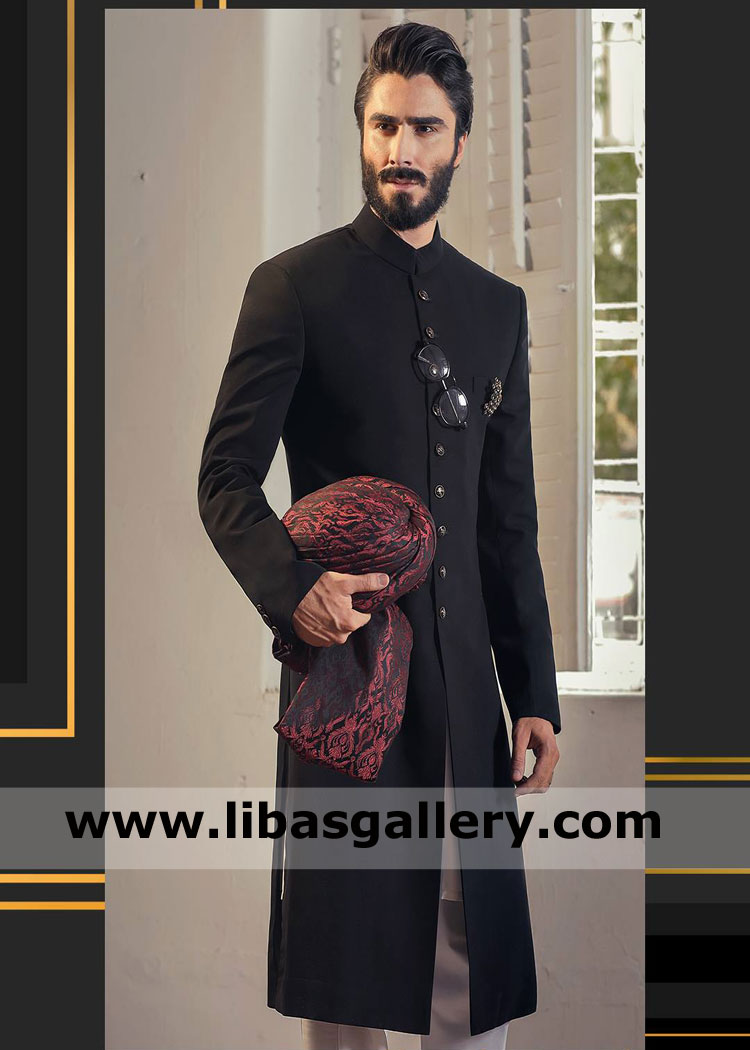 black plain suiting fabric sherwani custom made available in small medium large and XL size worldwide delivery bristol edinburgh UK