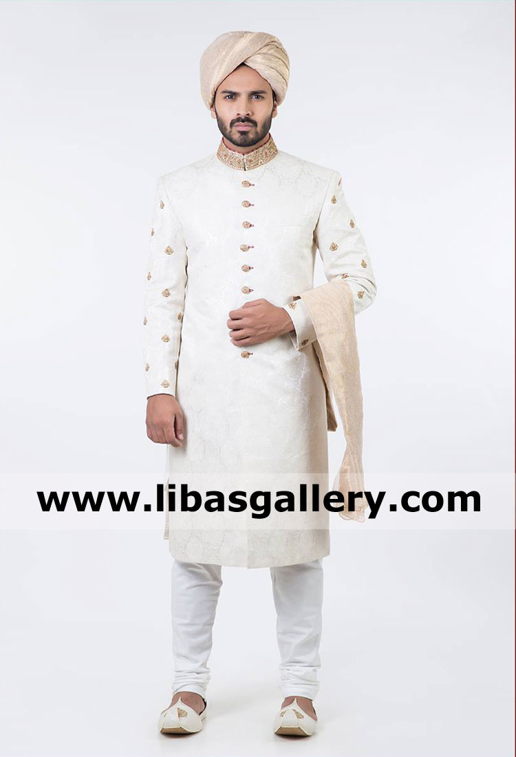 Gold work jamawar wedding sherwani for happy groom