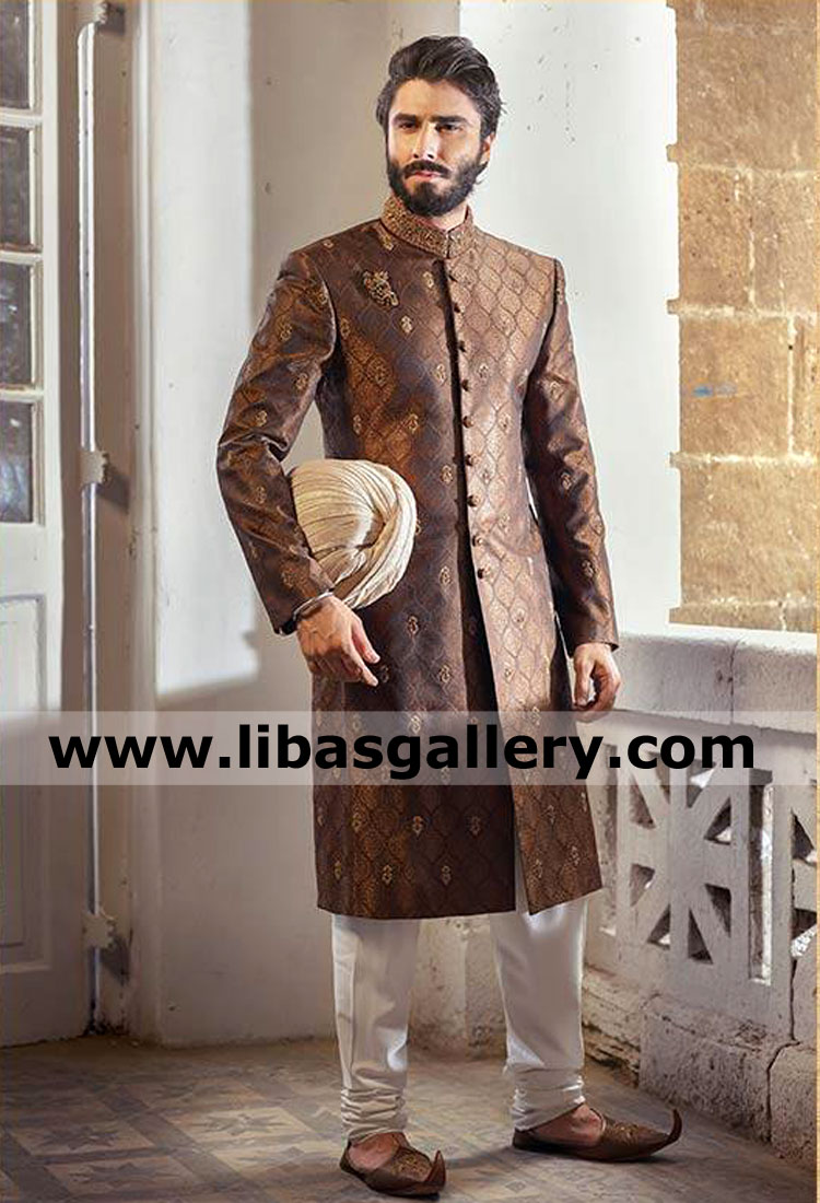 Dark shade Jamawar sherwani for handsome mature man
