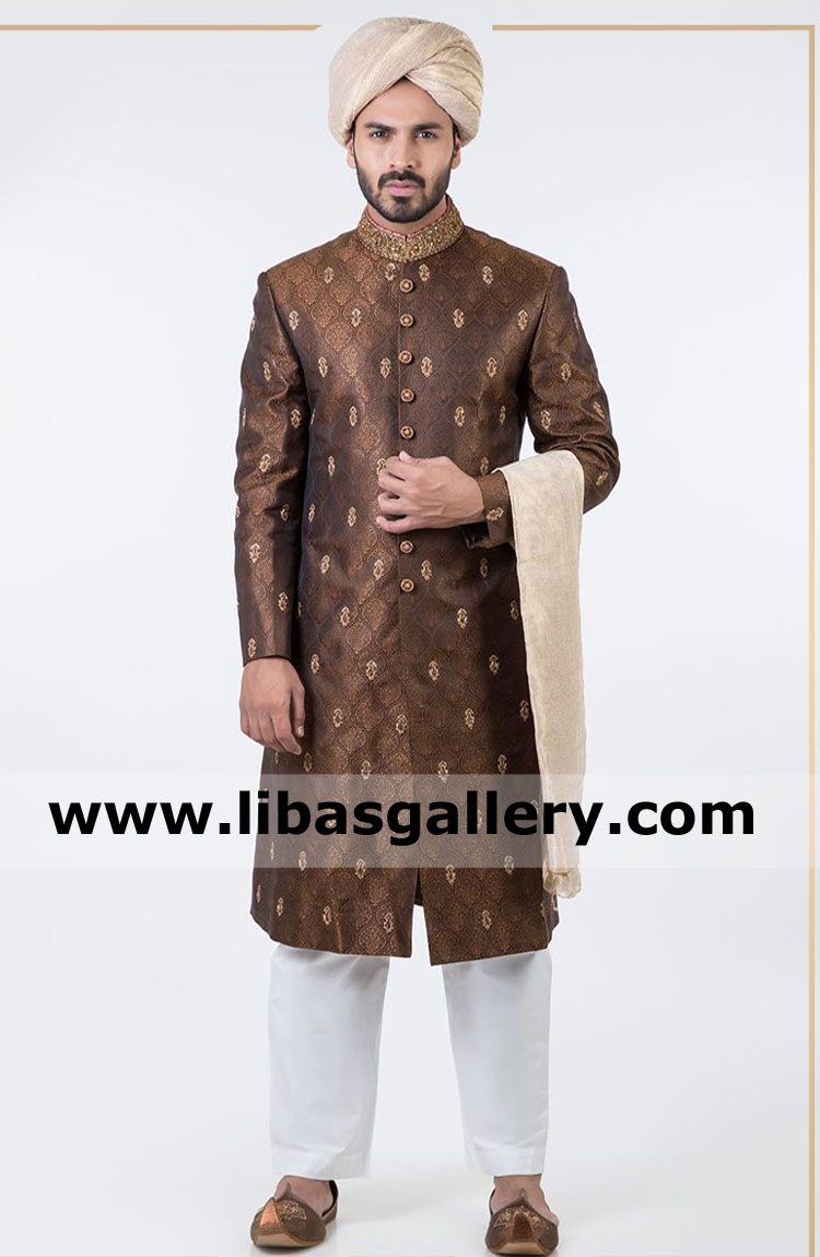 branded jamawar wedding sherwani rust color hand embellishment motifs on front and heavy collar work las vegas detroit USA