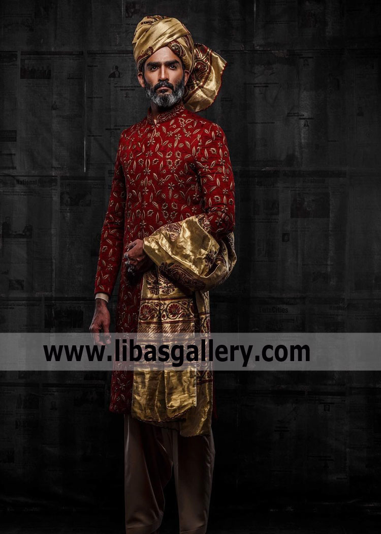 Maroon Hand Embroidered Egyptian style wedding Sherwani
