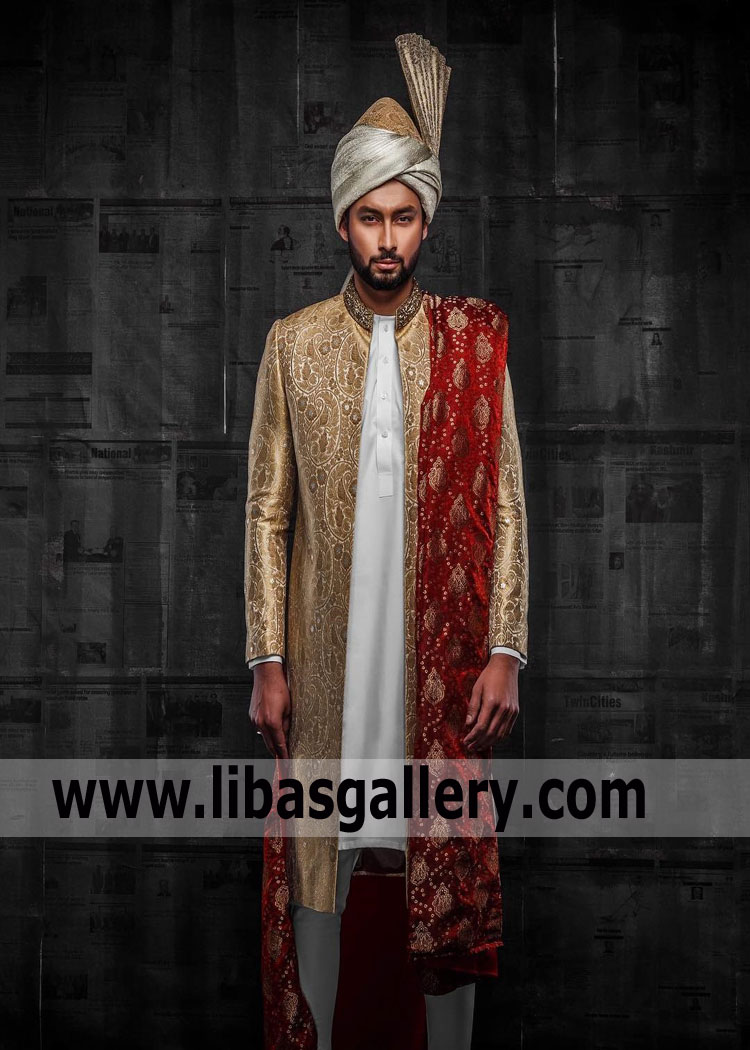 Gold front open button less jamawar groom sherwani for barat nikah