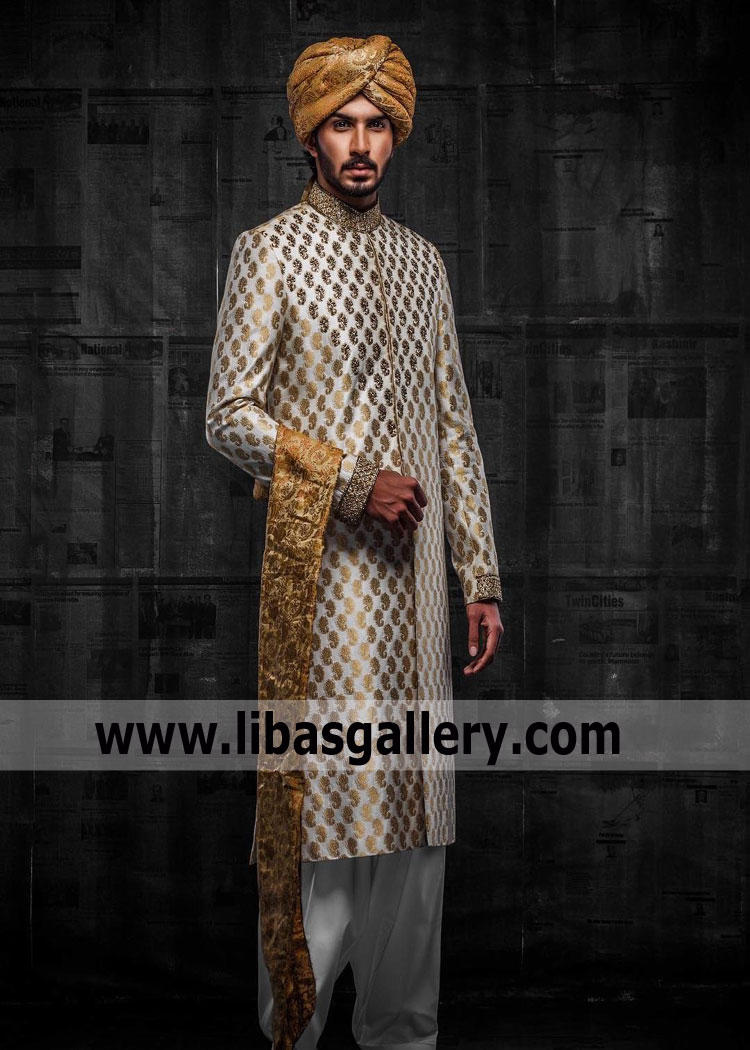 Off white and Gold Hand Embroidered Banarsi Sherwani for groom barat