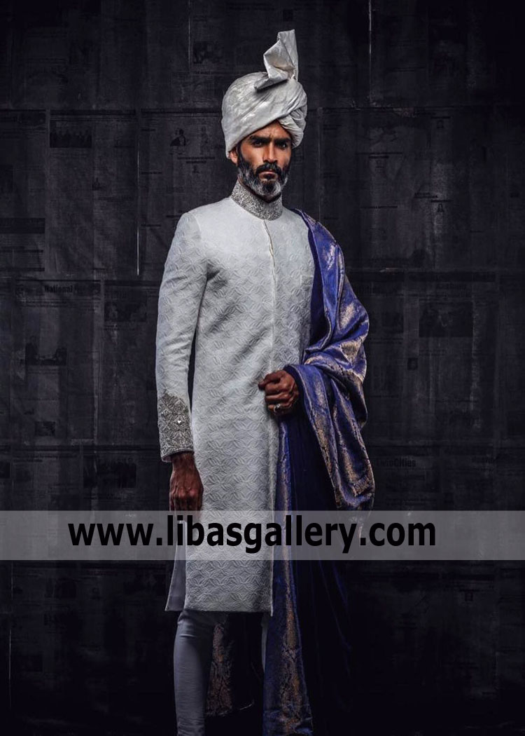 White hand embellished supreme quality wedding sherwani for religious groom