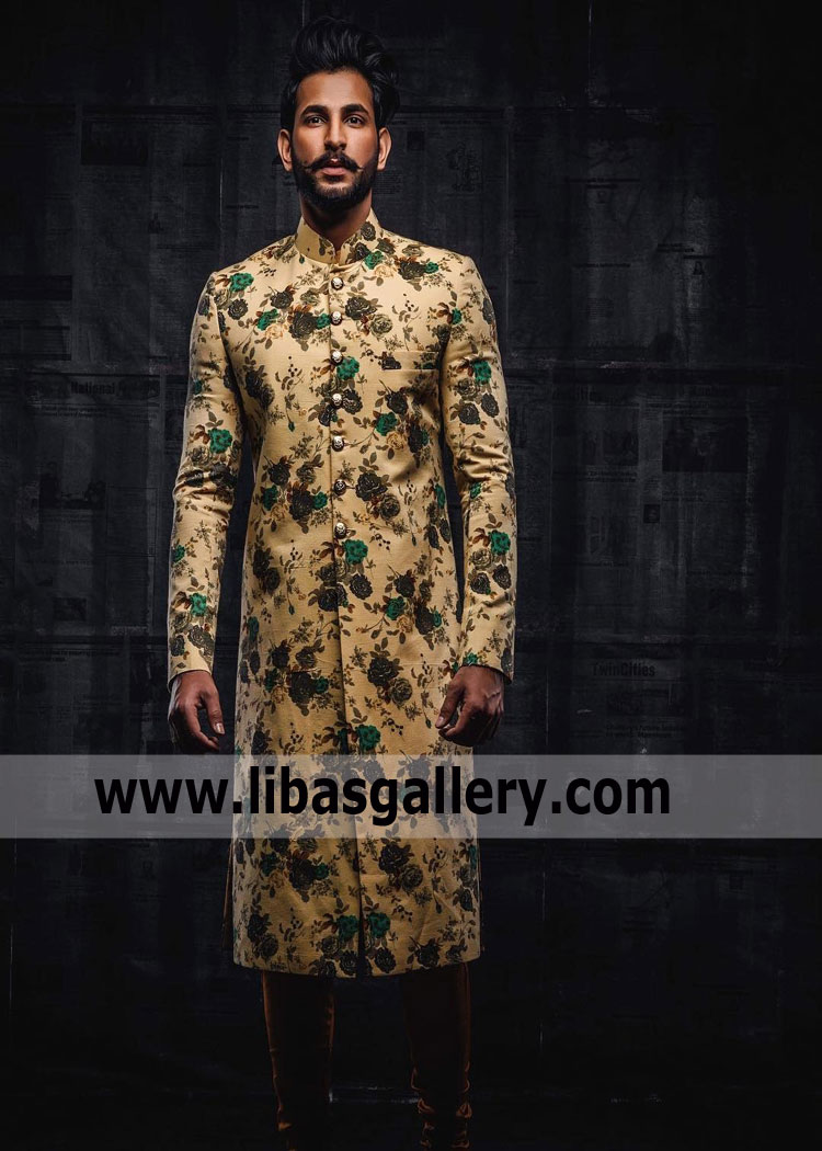 groom floral design wedding sherwani in raw silk pure fabric beige color for nikah barat shadi metallic buttons front and cuff uk usa canada groom floral design wedding sherwani in raw silk pure fabric beige color for nikah barat shadi metallic buttons front and cuff uk usa canada
