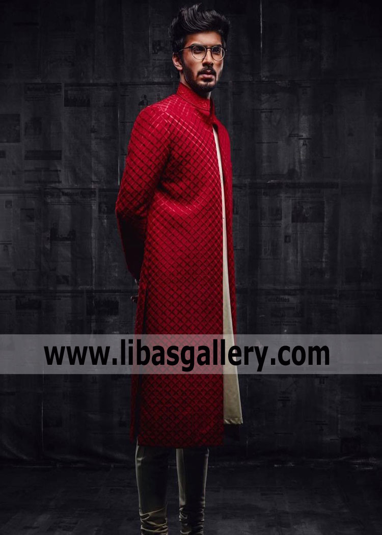 red long style latest groom wedding sherwani in pure organza fabric with resham embroidered collar compliment with cotton silk kurta pajama inner leeds london UK red long style latest groom wedding sherwani in pure organza fabric with resham embroidered collar compliment with cotton silk kurta pajama inner leeds london UK