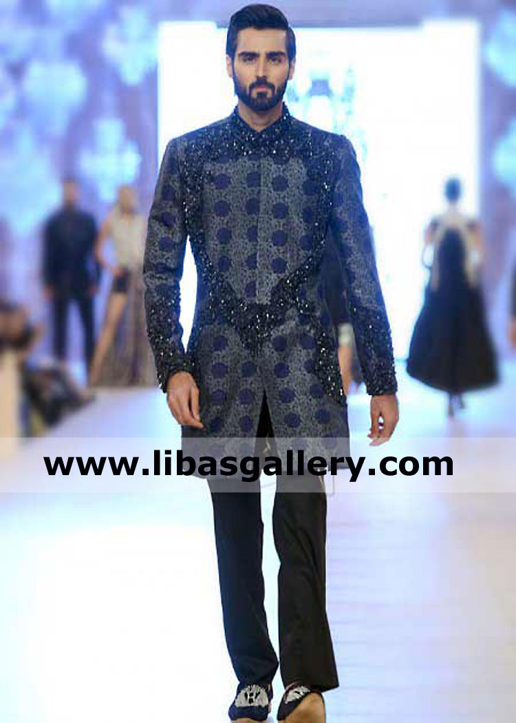 Awesome Jamawar Banarsi Sherwani Triangle style hand embellishment