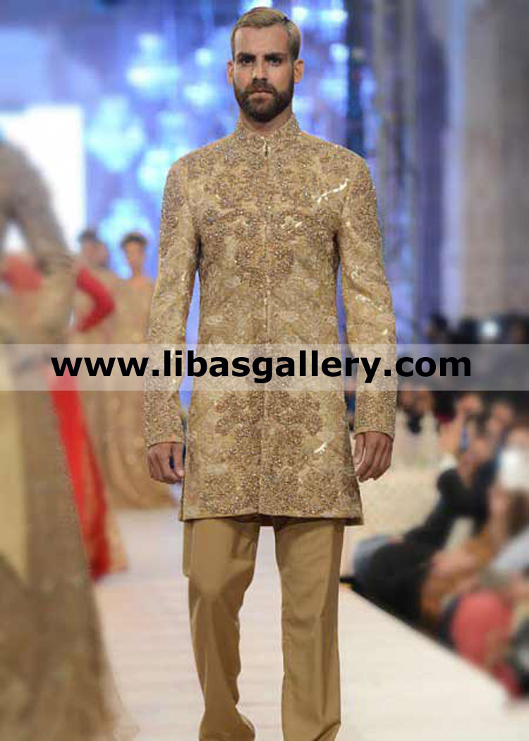 indo western style gold hand embellished jamawar banarsi wedding sherwani