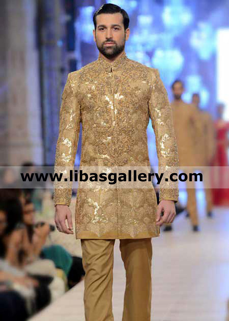 Golden wedding jacket for nikah barat with precious hand embellishment