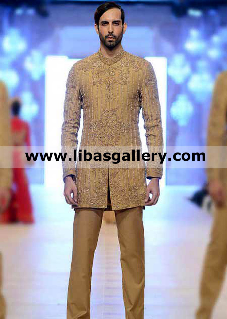 Gold Hand Embellished designer wedding sherwani for groom barat