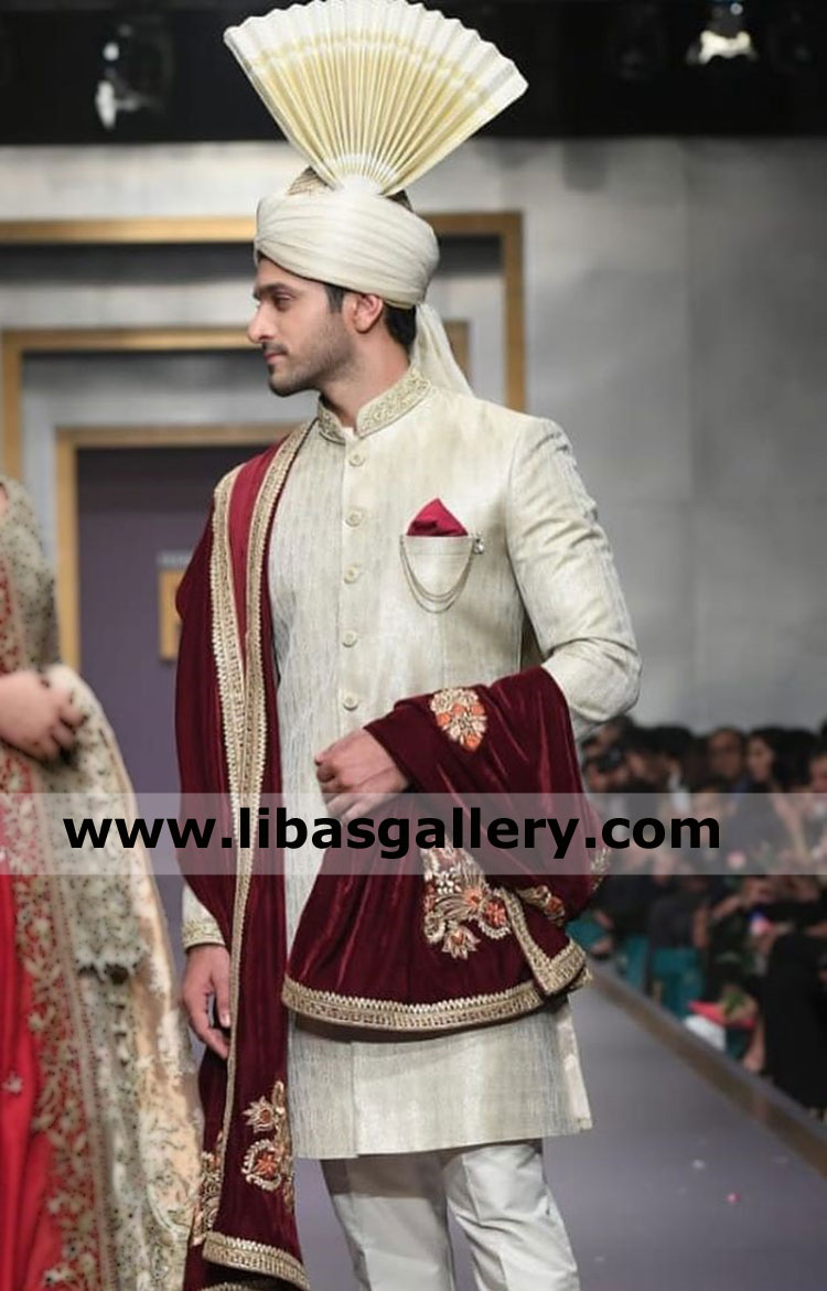 Delicate hand embellished dulha nikah barat sherwani design in jamawar fancy type fabric fan turban and khussa on additional price new york california usa