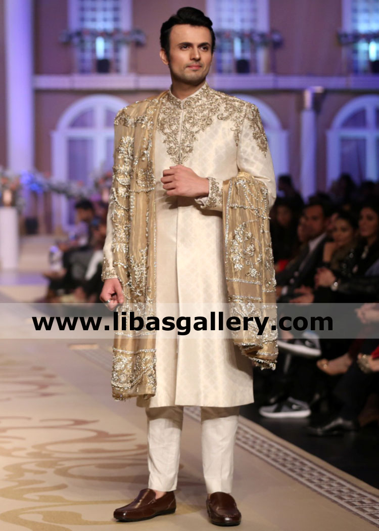 happy mood young groom in jamawar banarsi wedding sherwani design