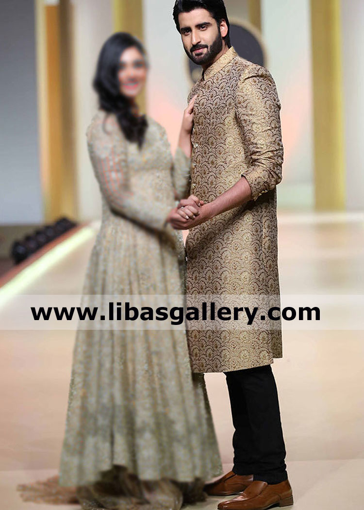 Agha ali actor standing on ramp with wife sarah khan in jamawar banarsi golden wedding sherwani for barat nikah minuted custom made shop online france germany dubai