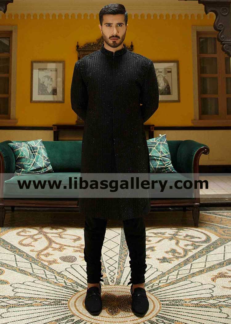 bespoke black Embroidered Groom Wedding jacket for nikah barat mehndi occasions