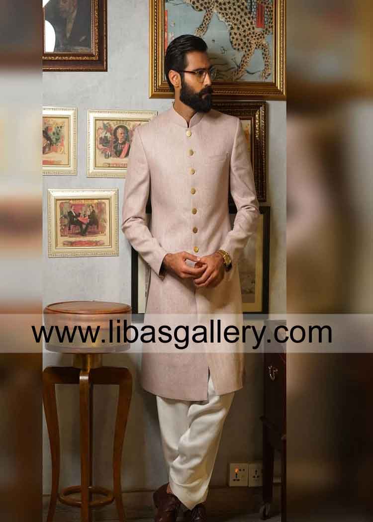 Jamawar Sober long wedding jacket for Business man Groom