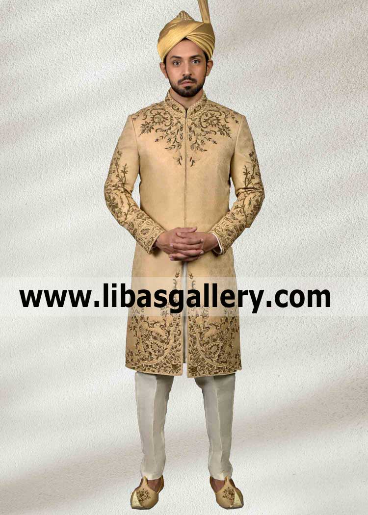 Comfortable Golden latest Groom Dulha Wedding Sherwani Suit
