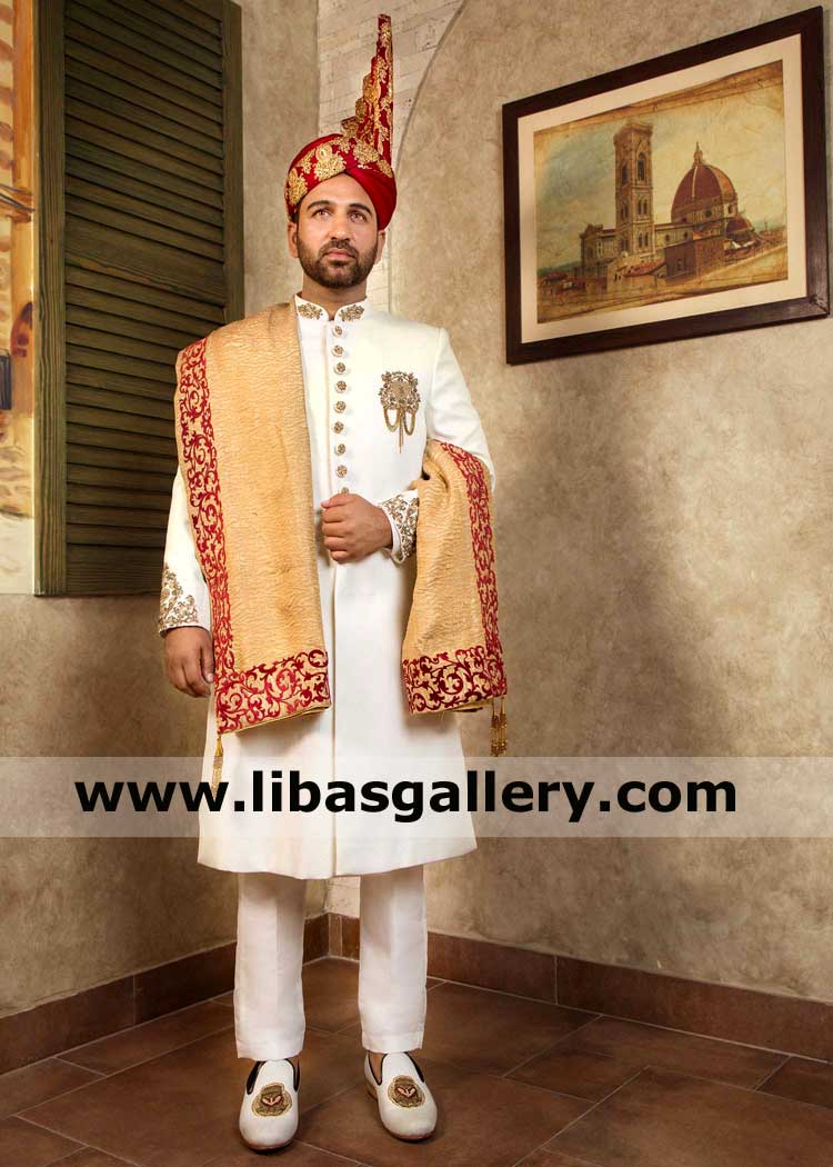 White pure Jamawar Groom Dulha Wedding Jacket design for nikah mehndi pretied turban matching khussa kora dabka hand crafted South Africa Europe America Asia White pure Jamawar Groom Dulha Wedding Jacket design for nikah mehndi pretied turban matching khussa kora dabka hand crafted South Africa Europe America Asia