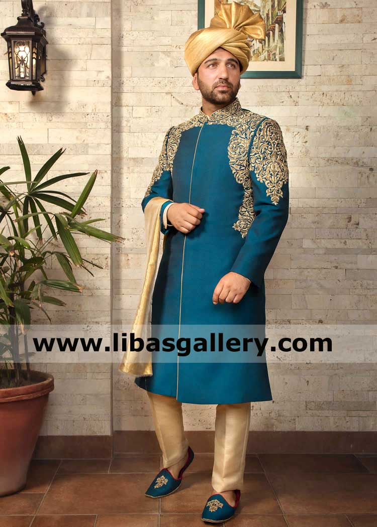 Zinc Blue Wedding Sherwani for loving Brown Eyes Groom