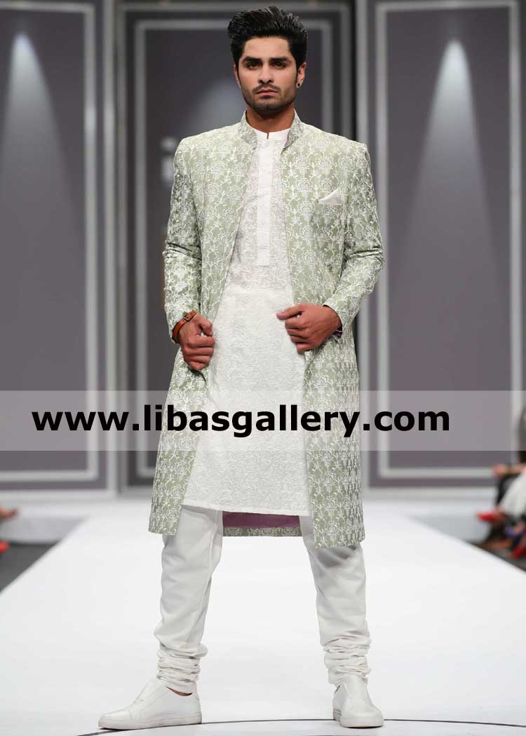 Embroidered groom green wedding sherwani suit for mehndi and functions