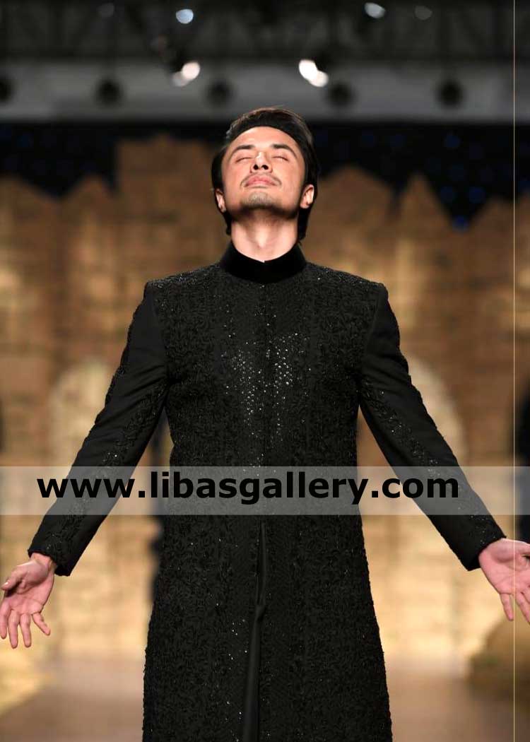Embroidered Black Sherwani Celebrity Style for Groom