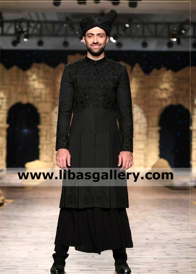new pleated style black embellished groom sherwani design aimal khan modeling qatar dubai united states