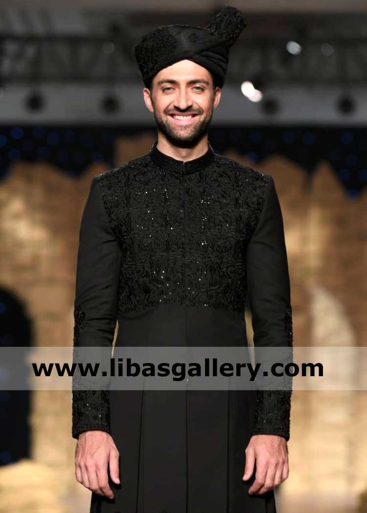 new style pleated black embellished groom sherwani design