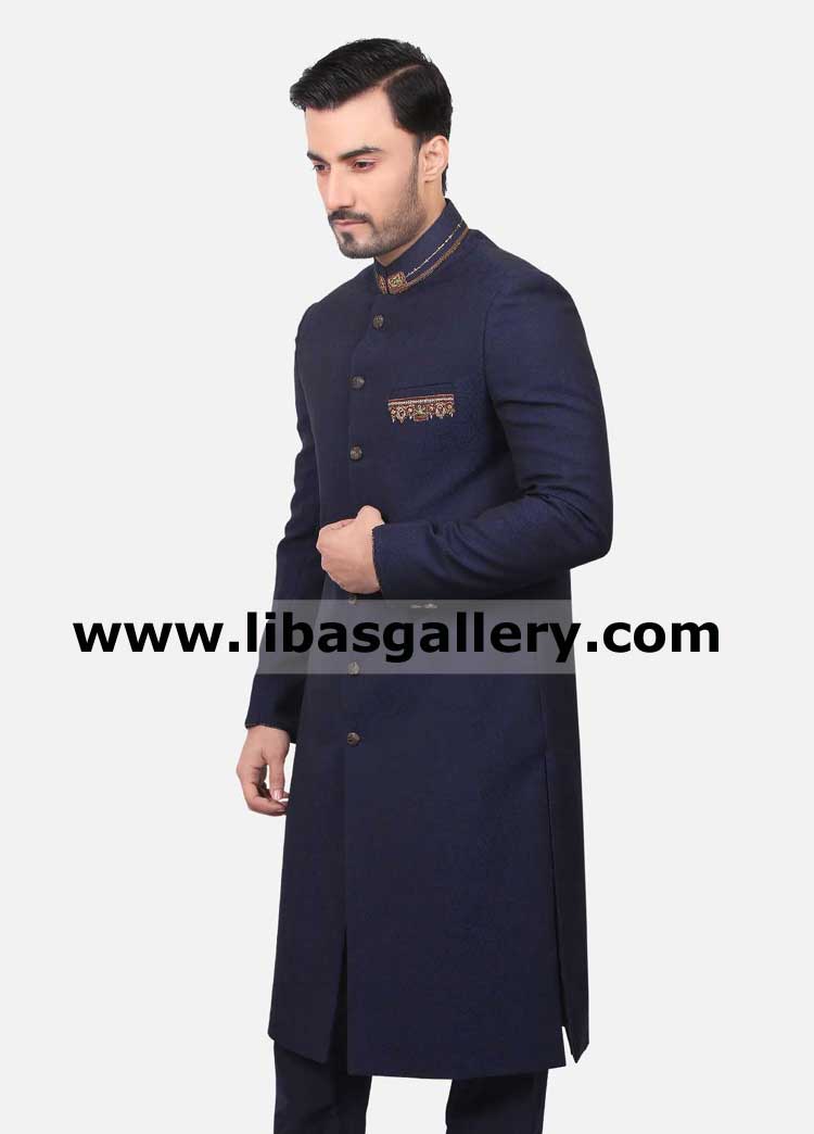 Navy blue wedding and occasion gents sherwani design in self jamawar and suiting fabric custom made dubai saudi arabia qatar Navy blue wedding and occasion gents sherwani design in self jamawar and suiting fabric custom made dubai saudi arabia qatar