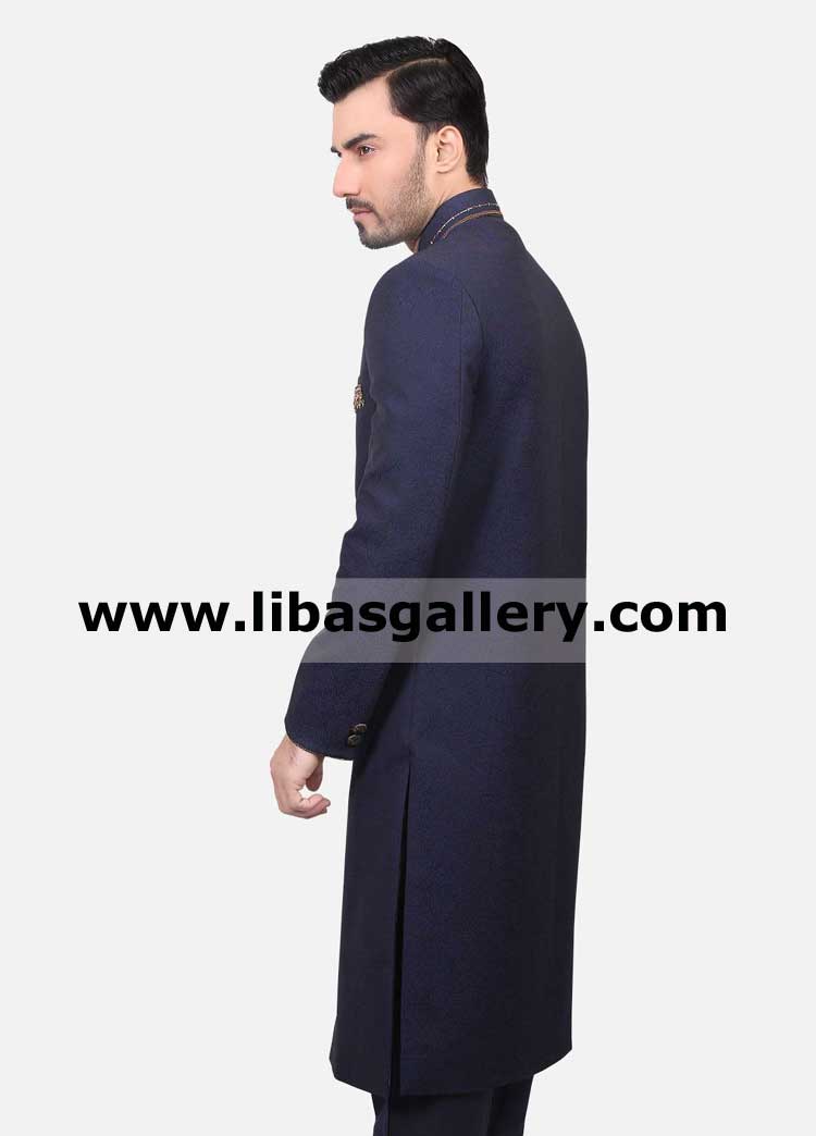 Navy blue wedding and occasion gents sherwani design