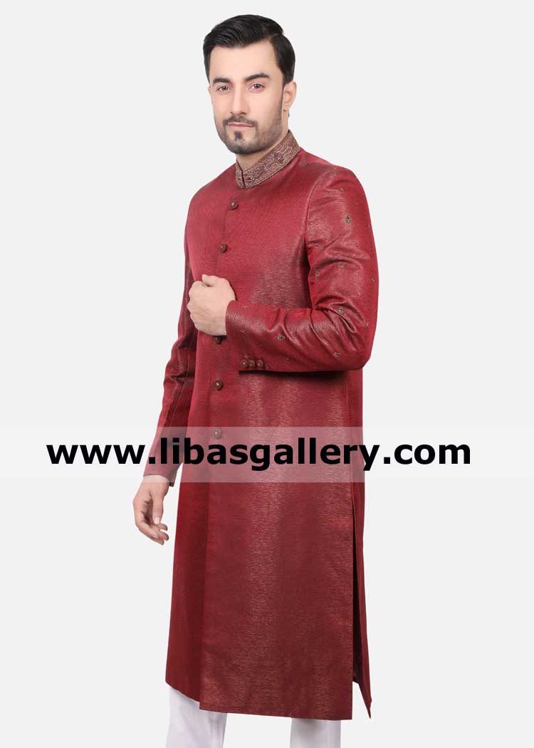 Red Jamawar Groom Stylish Wedding Sherwani Design