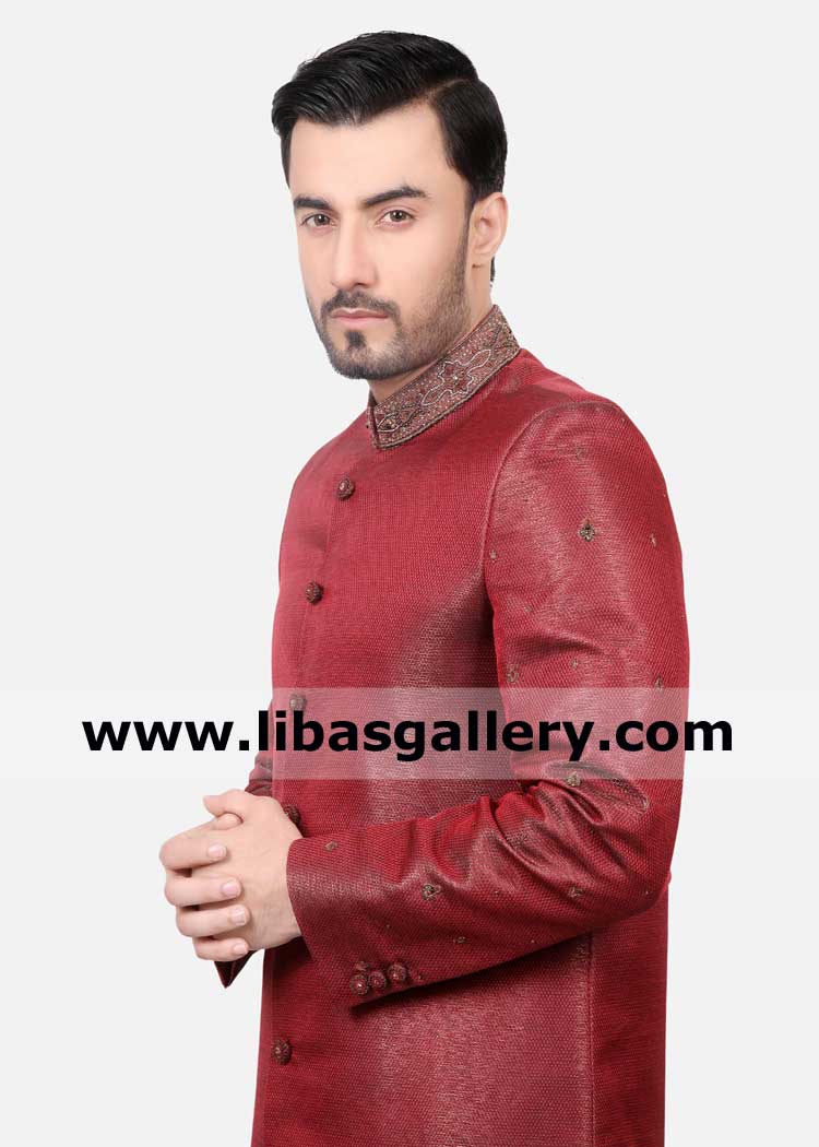 Red Jamawar Groom Stylish Wedding Sherwani Design