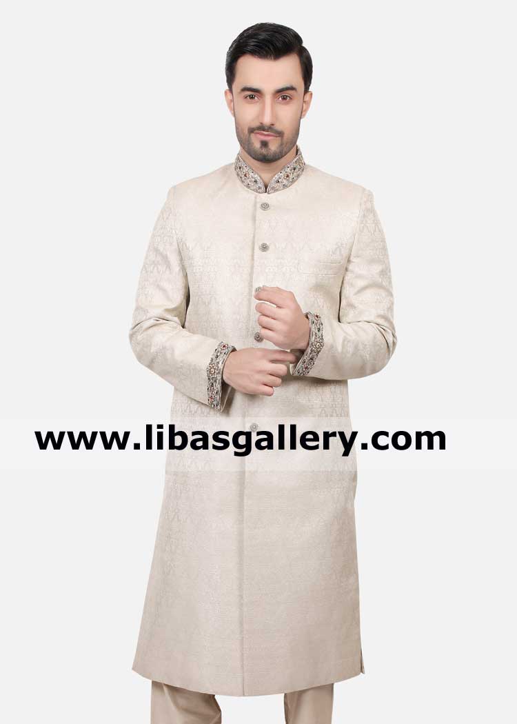 slim groom in stylish jamawar banarsi shadi gala sherwani
