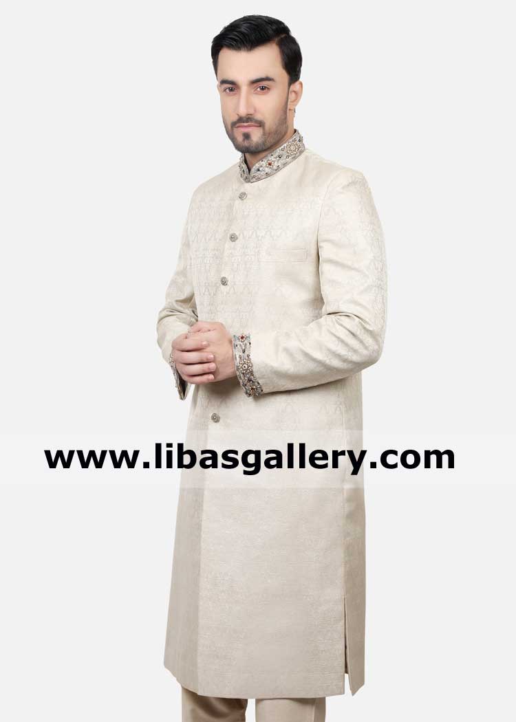 slim groom in stylish jamawar banarsi shadi gala sherwani