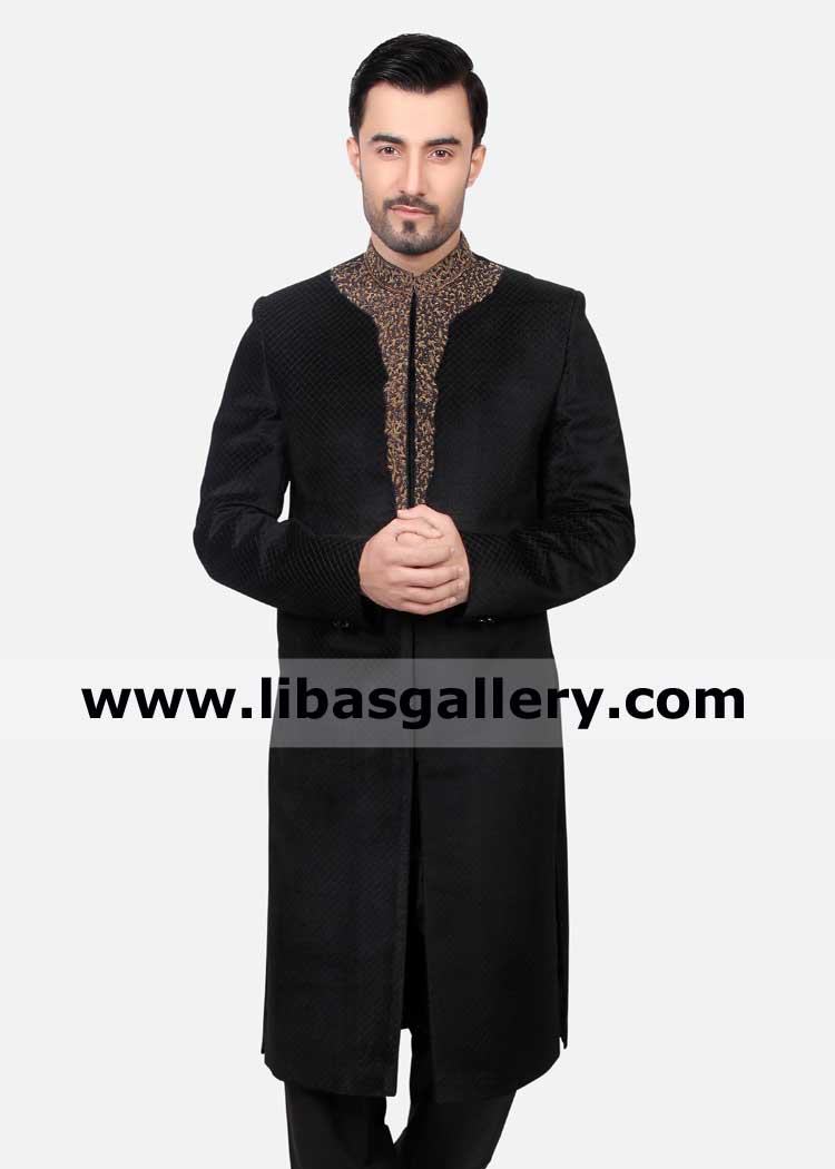 Black sober high quality fabric groom embroidered sherwani design in suiting fabric self embroidery on collar and neck qatar kuwait dubai Black sober high quality fabric groom embroidered sherwani design in suiting fabric self embroidery on collar and neck qatar kuwait dubai