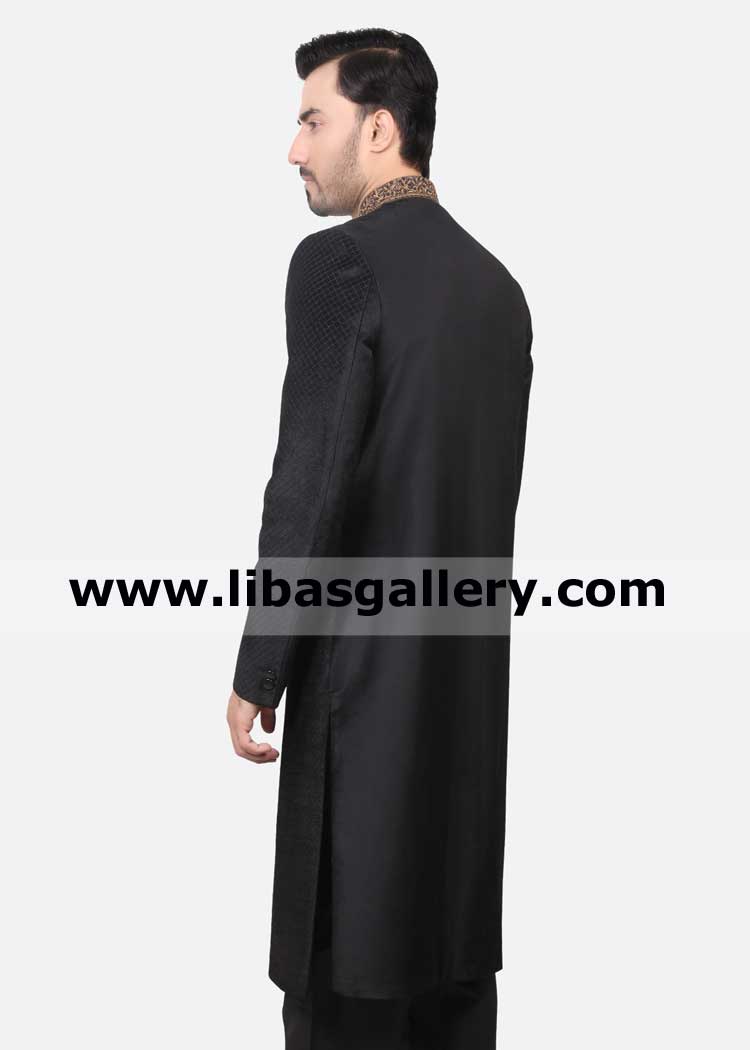 Black sober high quality fabric groom embroidered sherwani design