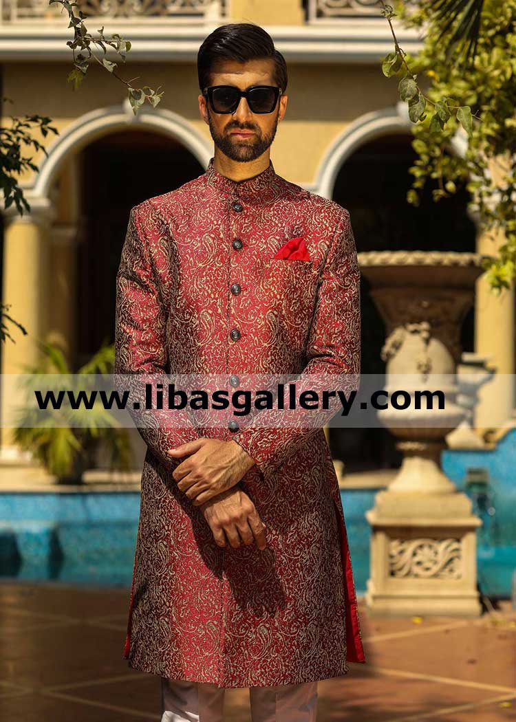 bold and robust pakistani groom wedding sherwani ensemble
