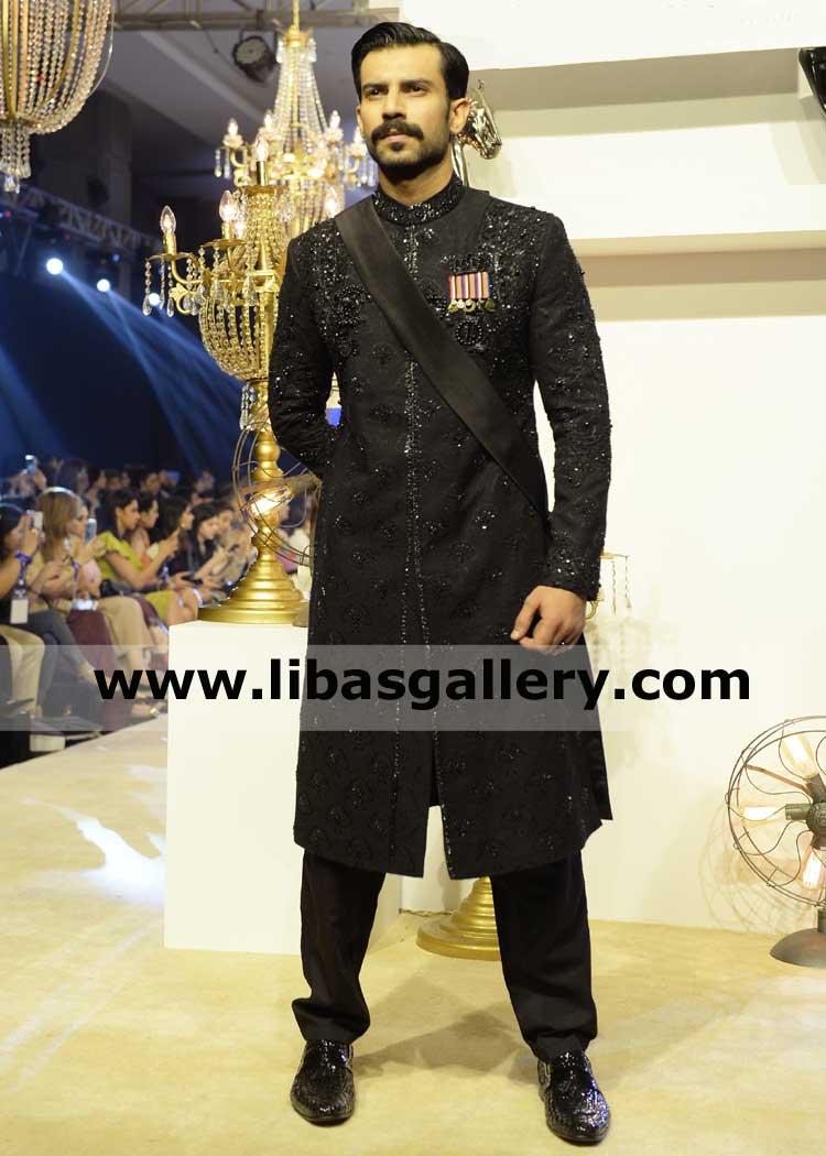 tiger heart groom in black embroidered nikah barat sherwani