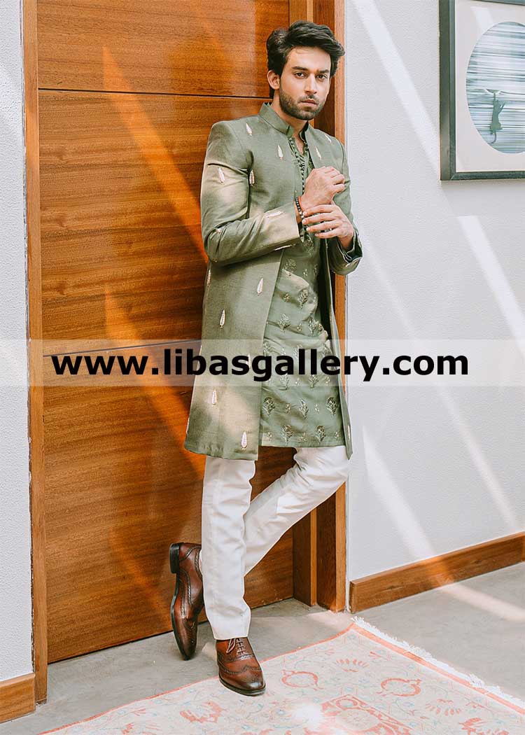 Olive green Raw silk wedding sherwani for groom dulha barat day