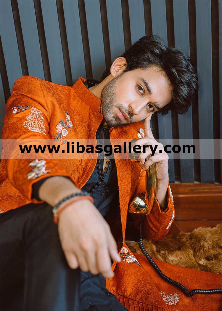 Orange Self Print Wedding Sherwani suit for passionate young Groom Nikah