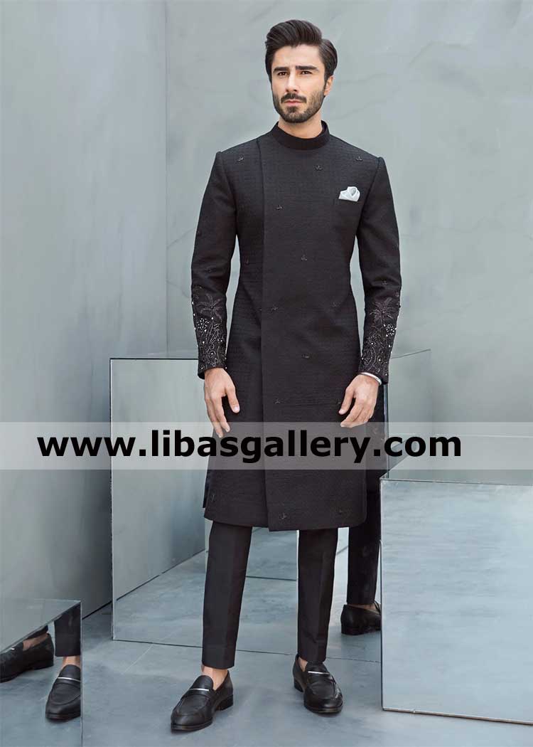 Black Chikankari Groom wedding sherwani glamorous modern uplifting
